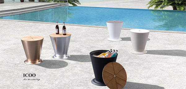 Icoo Side Table/Ice Bucket Teak Top White
